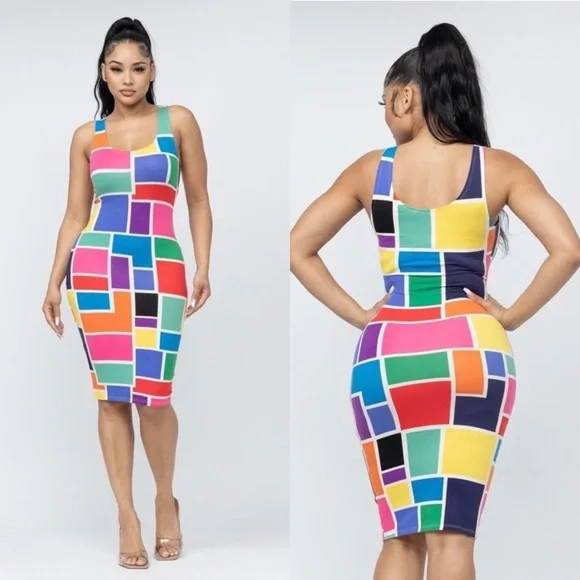 TANK TOP MULTI COLORFUL COLOR BLOCK FITTED BODYCON‎ MIDI DRESS - Picture 2 of 8